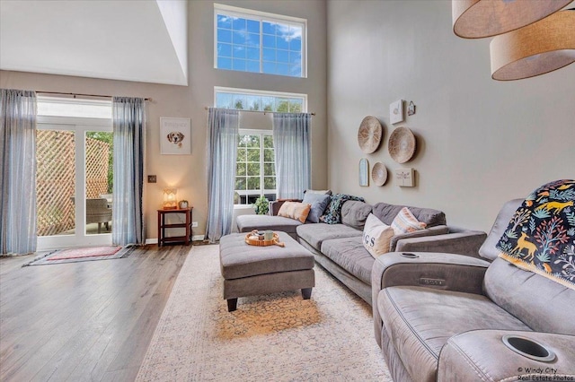 living area with wood-type flooring, a high ceiling, and baseboards