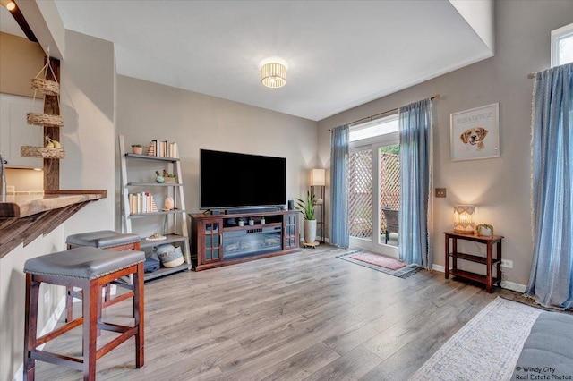 living area with wood finished floors, plenty of natural light, and baseboards