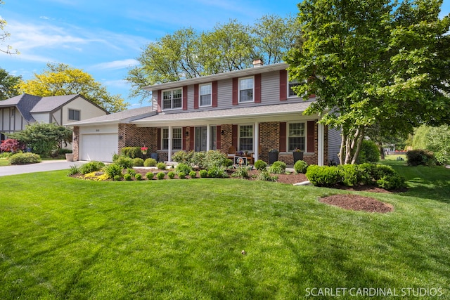 833 Shiloh Cir, Naperville, IL 60540 - traditional-style house with covered porch, an attached garage, a front yard, and brick siding