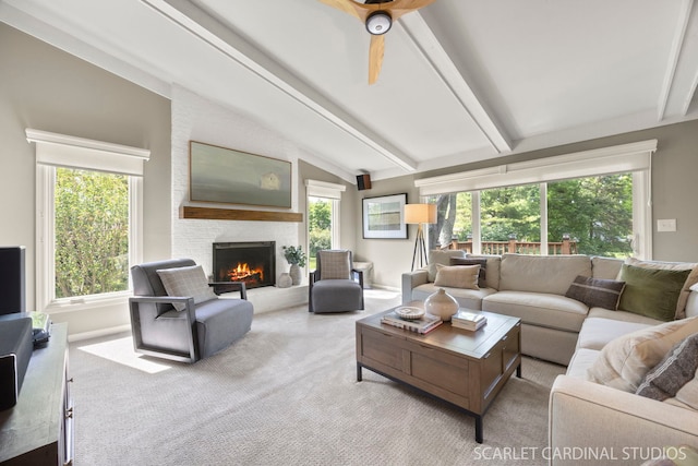 833 Shiloh Cir, Naperville, IL 60540 - living area featuring a large fireplace, carpet flooring, ceiling fan, and baseboards