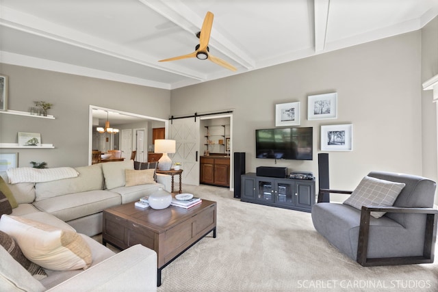 833 Shiloh Cir, Naperville, IL 60540 - living area with a barn door, light colored carpet, a ceiling fan, and a chandelier