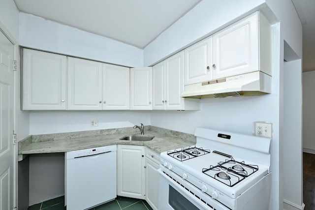 5060 N Claremont Ave Unit 2W, Chicago, IL 60625 - kitchen featuring white appliances, under cabinet range hood, a sink, white cabinetry, and light stone countertops