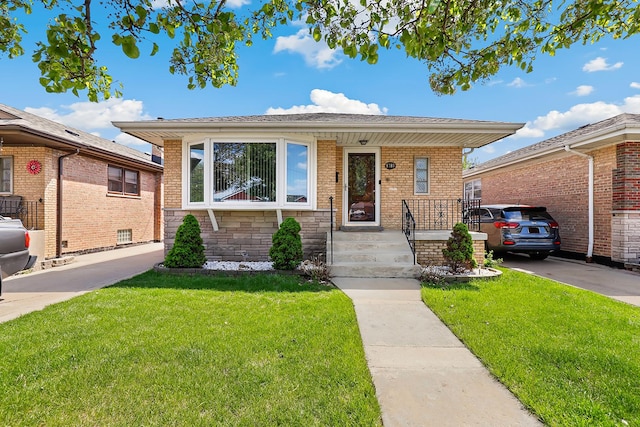 bungalow-style house with a front lawn, covered porch, and brick siding