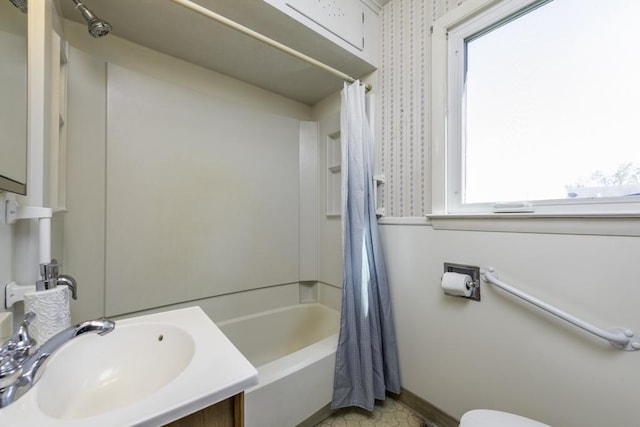 6305 247th Ave, Paddock Lake, WI 53168 - bathroom featuring shower / bath combination with curtain, toilet, baseboards, and vanity