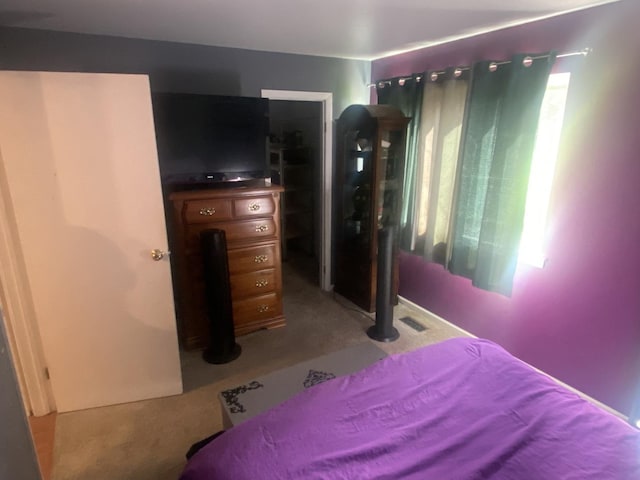 bedroom with light colored carpet