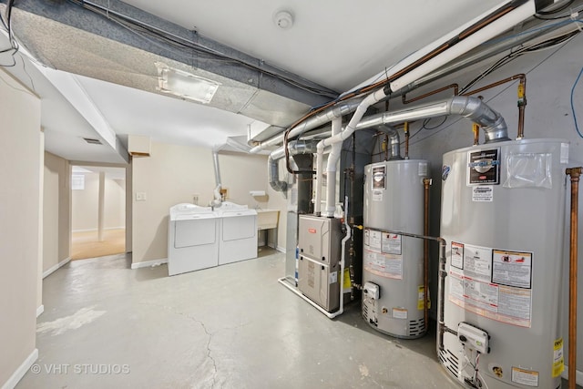 3913 N Kedvale Ave Unit A, Chicago, IL 60641 - unfinished basement featuring water heater, washer and clothes dryer, heating unit, and baseboards