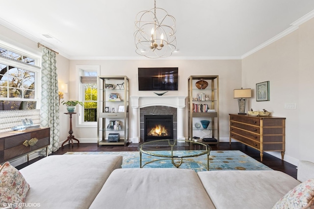 149 W Kennedy Ln Unit 208, Hinsdale, IL 60521 - living room with baseboards, crown molding, wood finished floors, a chandelier, and a fireplace with flush hearth
