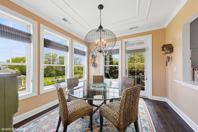 149 W Kennedy Ln Unit 208, Hinsdale, IL 60521 - dining space with a chandelier, dark wood-style flooring, baseboards, and crown molding