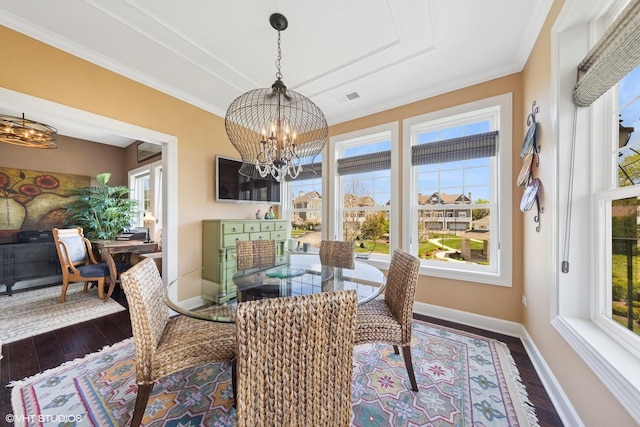 149 W Kennedy Ln Unit 208, Hinsdale, IL 60521 - dining space featuring a chandelier, baseboards, dark wood-style floors, and crown molding
