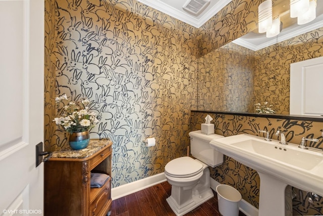 149 W Kennedy Ln Unit 208, Hinsdale, IL 60521 - bathroom with wallpapered walls, wood finished floors, ornamental molding, toilet, and baseboards