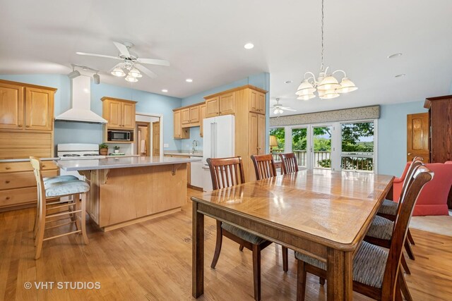 907 Division St, Barrington, IL 60010 - dining room featuring ceiling fan, light wood finished floors, a chandelier, and recessed lighting