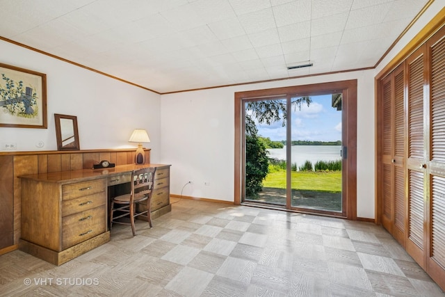 907 Division St, Barrington, IL 60010 - office area with ornamental molding, a water view, and light floors