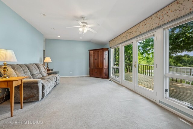 907 Division St, Barrington, IL 60010 - living room with lofted ceiling, plenty of natural light, carpet, and ceiling fan