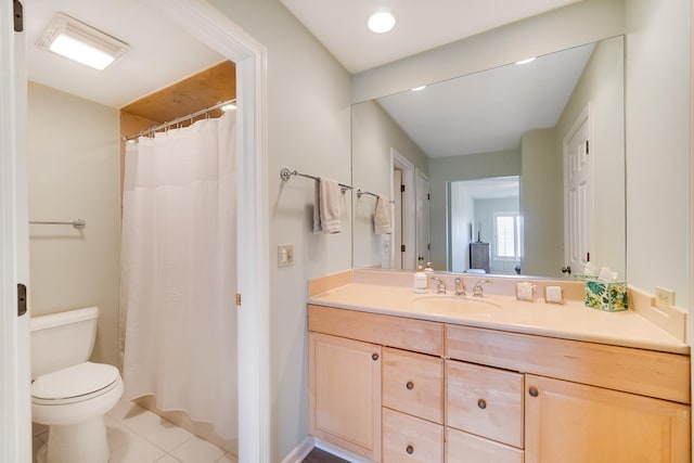 full bathroom with vanity, toilet, tile patterned floors, and a shower with shower curtain