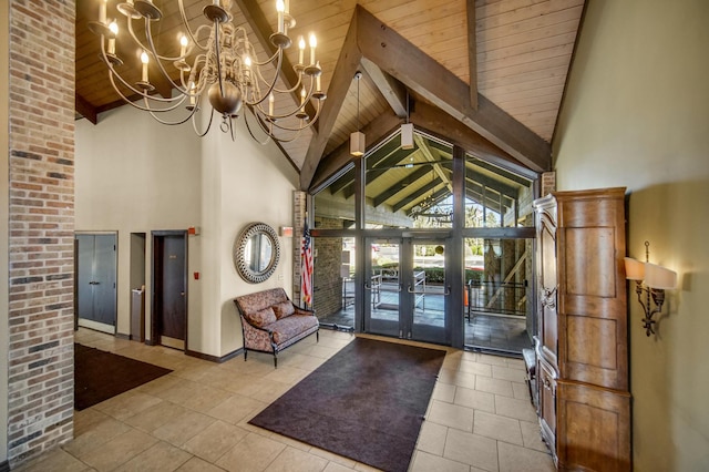 community lobby featuring high vaulted ceiling, beam ceiling, and wooden ceiling