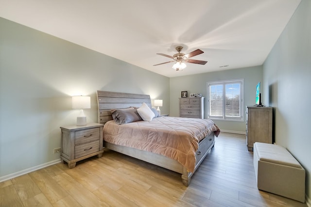 bedroom with light wood-style flooring, baseboards, and ceiling fan