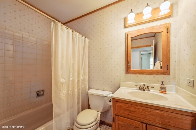 830 Silver Rock Ln, Buffalo Grove, IL 60089 - bathroom with wallpapered walls, toilet, vanity, and shower / bath combo with shower curtain