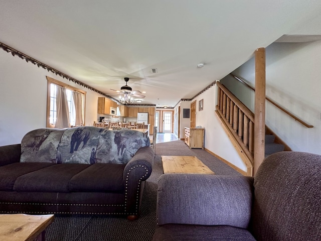 2643 N Il Route 178th Hwy Unit J-4, Utica, IL 61373 - carpeted living area with stairs and ceiling fan