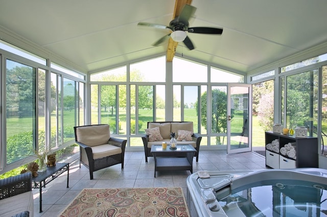 1729 Hidden Oaks Ct, Plainfield, IL 60586 - sunroom / solarium featuring healthy amount of natural light, a ceiling fan, and lofted ceiling
