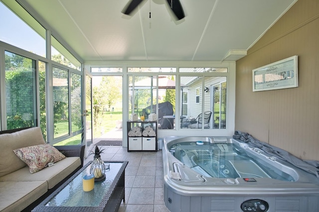 1729 Hidden Oaks Ct, Plainfield, IL 60586 - sunroom featuring a ceiling fan, plenty of natural light, and a hot tub