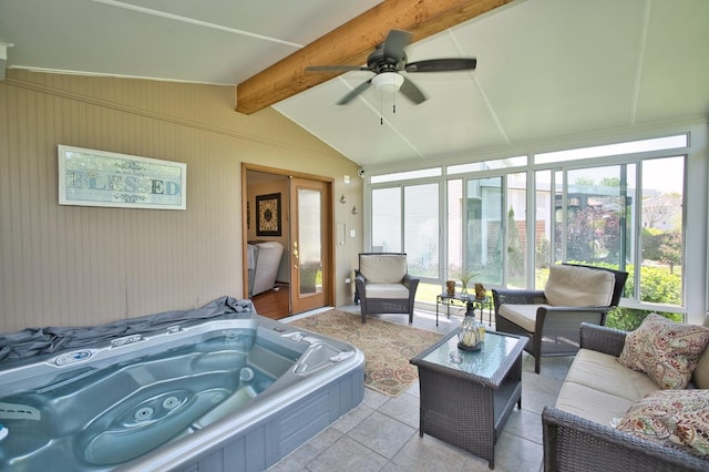 1729 Hidden Oaks Ct, Plainfield, IL 60586 - sunroom / solarium featuring an outdoor living space, plenty of natural light, ceiling fan, and a hot tub