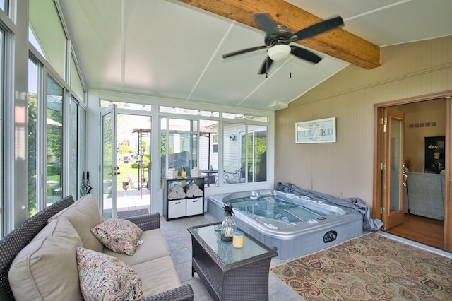 1729 Hidden Oaks Ct, Plainfield, IL 60586 - sunroom / solarium with a jacuzzi, ceiling fan, and an outdoor living space