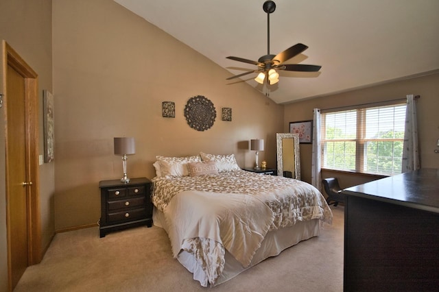 1729 Hidden Oaks Ct, Plainfield, IL 60586 - bedroom with light carpet, high vaulted ceiling, and a ceiling fan