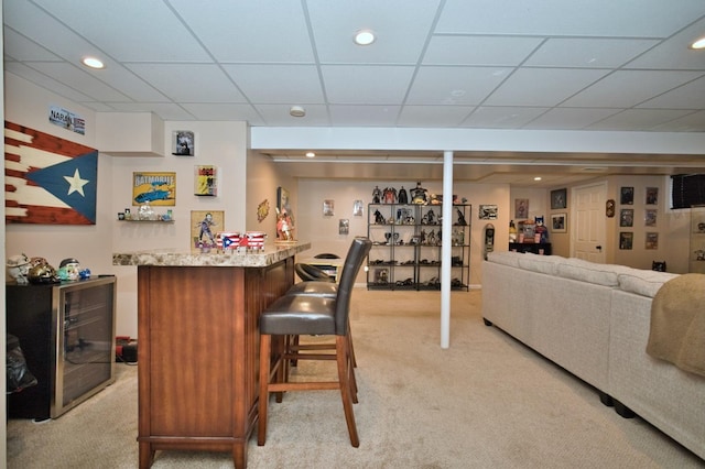1729 Hidden Oaks Ct, Plainfield, IL 60586 - indoor wet bar featuring light colored carpet, a drop ceiling, and recessed lighting