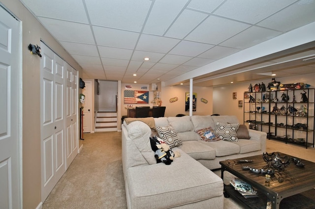 1729 Hidden Oaks Ct, Plainfield, IL 60586 - living area featuring light colored carpet, a paneled ceiling, stairs, recessed lighting, and bar area