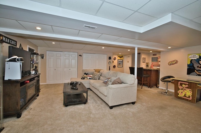 1729 Hidden Oaks Ct, Plainfield, IL 60586 - living room with a dry bar, light carpet, recessed lighting, and baseboards