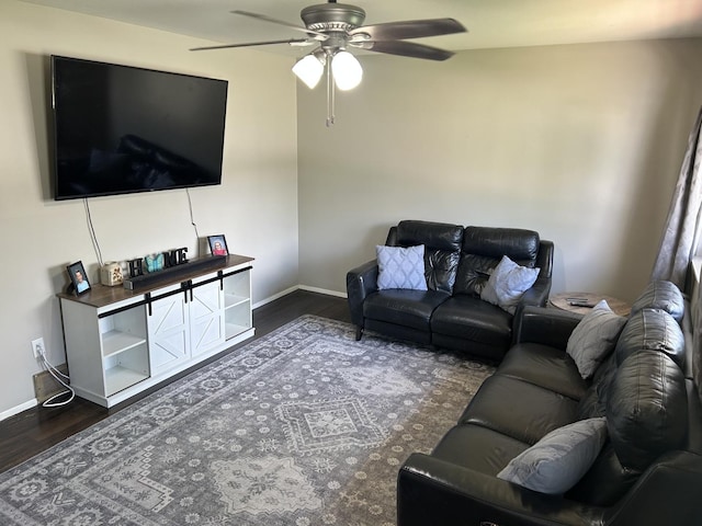 210 E Edgelawn Dr, Plano, IL 60545 - living room featuring ceiling fan, dark wood finished floors, and baseboards