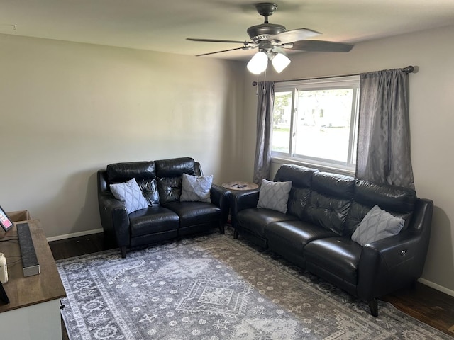 210 E Edgelawn Dr, Plano, IL 60545 - living room with ceiling fan, wood finished floors, and baseboards