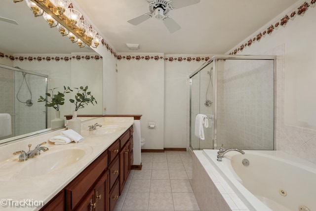 2325 Durand Dr, Downers Grove, IL 60515 - bathroom with a whirlpool tub, double vanity, a stall shower, a ceiling fan, and tile patterned flooring