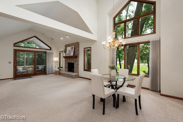 2325 Durand Dr, Downers Grove, IL 60515 - dining space featuring a chandelier, carpet flooring, high vaulted ceiling, a fireplace, and healthy amount of natural light