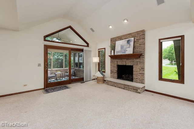 2325 Durand Dr, Downers Grove, IL 60515 - unfurnished living room with carpet flooring, a fireplace, plenty of natural light, high vaulted ceiling, and recessed lighting