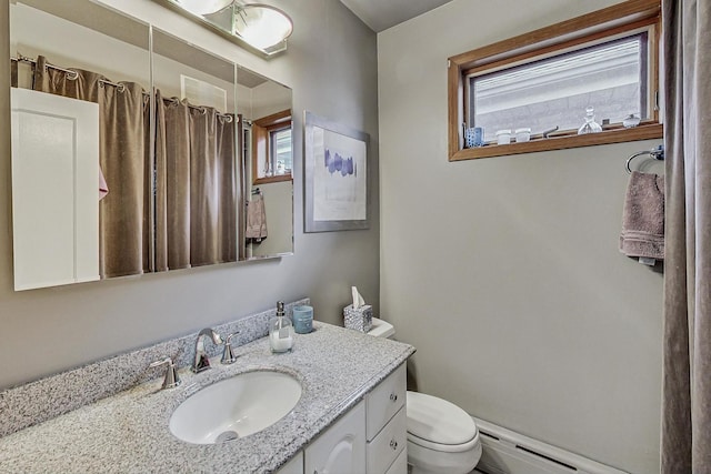 2742 N 76th Ct, Elmwood Park, IL 60707 - bathroom with toilet, a baseboard heating unit, vanity, and a shower with curtain