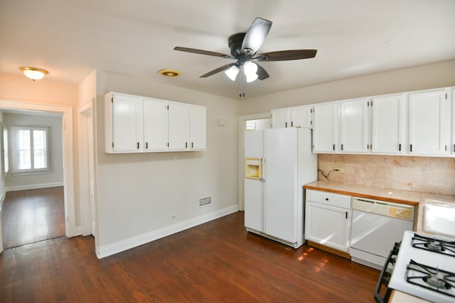 313 N Jackson St, Waukegan, IL 60085 - kitchen featuring white appliances, ceiling fan, light countertops, baseboards, and white cabinetry