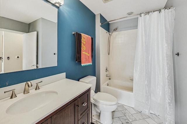 full bathroom with toilet, shower / bathtub combination with curtain, vanity, and marble look tile flooring