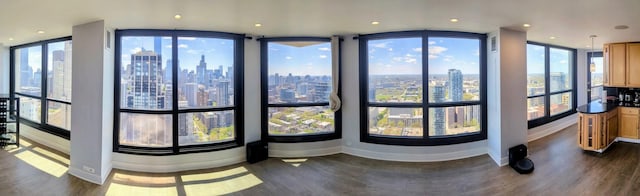 detailed view of wood finished floors, a skyline view, baseboards, and recessed lighting
