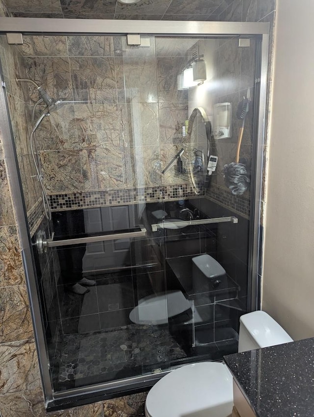 full bath featuring toilet, a shower stall, and vanity