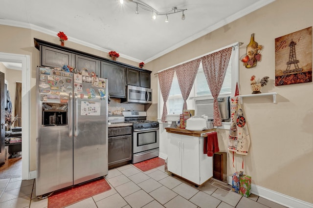 7800 S Aberdeen St, Chicago, IL 60620 - kitchen featuring stainless steel appliances, decorative backsplash, crown molding, cooling unit, and light tile patterned floors