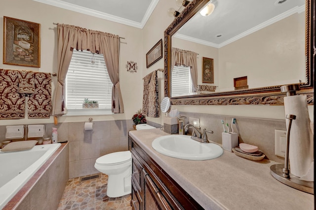 7800 S Aberdeen St, Chicago, IL 60620 - full bathroom featuring ornamental molding, toilet, tiled bath, vanity, and wainscoting