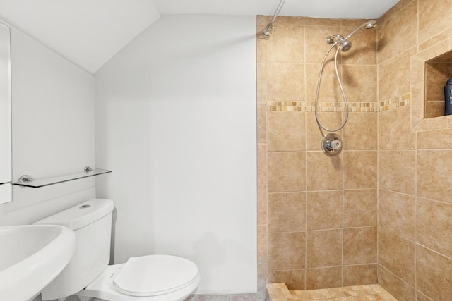 10616 Rushmore Ln, Huntley, IL 60142 - full bathroom with a tile shower, toilet, a sink, and lofted ceiling