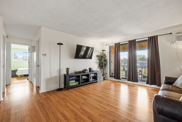 9935 El Cameno Real Dr Unit 3D, Orland Park, IL 60462 - living room featuring a healthy amount of sunlight, light wood finished floors, a wall mounted air conditioner, and a textured ceiling