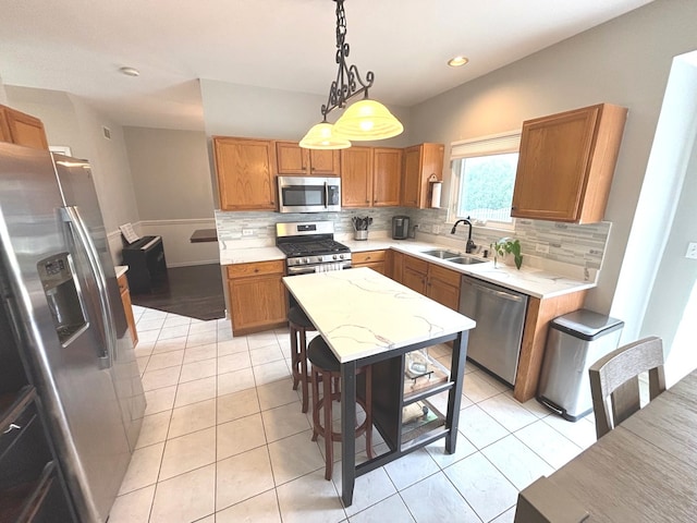 1932 Royal Ln, Aurora, IL 60503 - kitchen featuring stainless steel appliances, a sink, decorative backsplash, light tile patterned floors, and recessed lighting