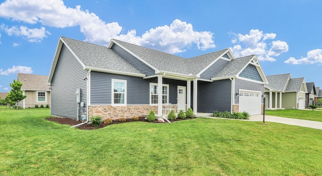 1608 E Horizon Ln, Urbana, IL 61802 - craftsman-style house with a garage, a front lawn, a shingled roof, concrete driveway, and stone siding