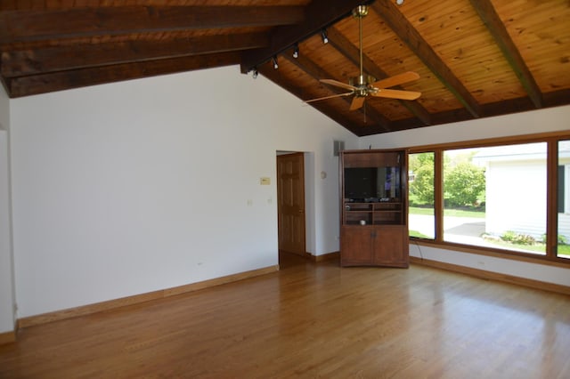 2405 E Miner St, Arlington Heights, IL 60004 - unfurnished living room featuring light wood-style flooring, baseboards, wood ceiling, beam ceiling, and a ceiling fan