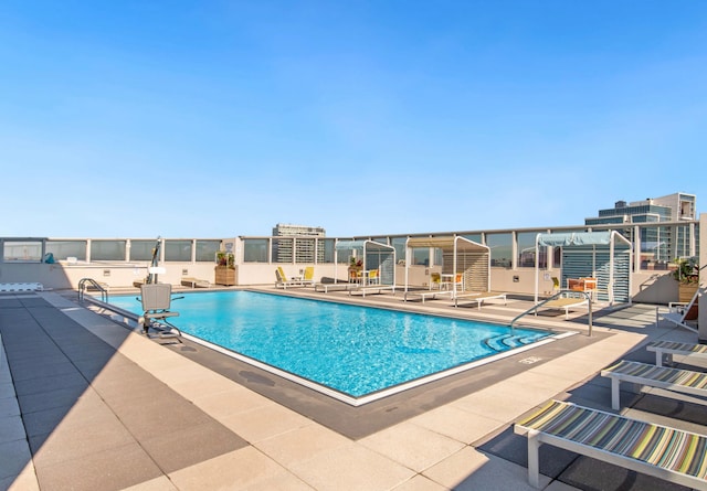 community pool with a patio area