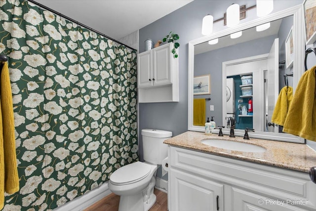 bathroom featuring toilet, vanity, wood finished floors, and curtained shower