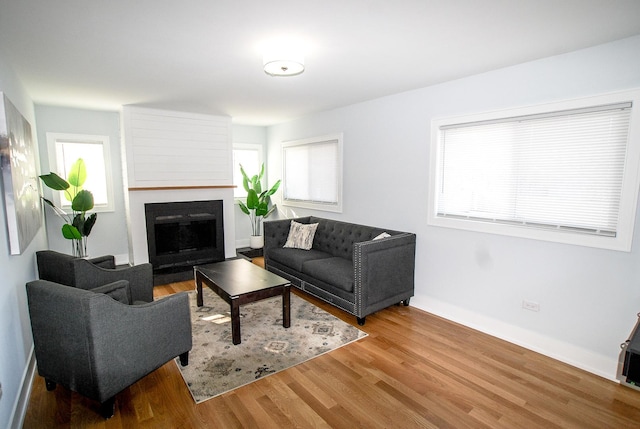 living area featuring wood finished floors, plenty of natural light, a fireplace, and baseboards
